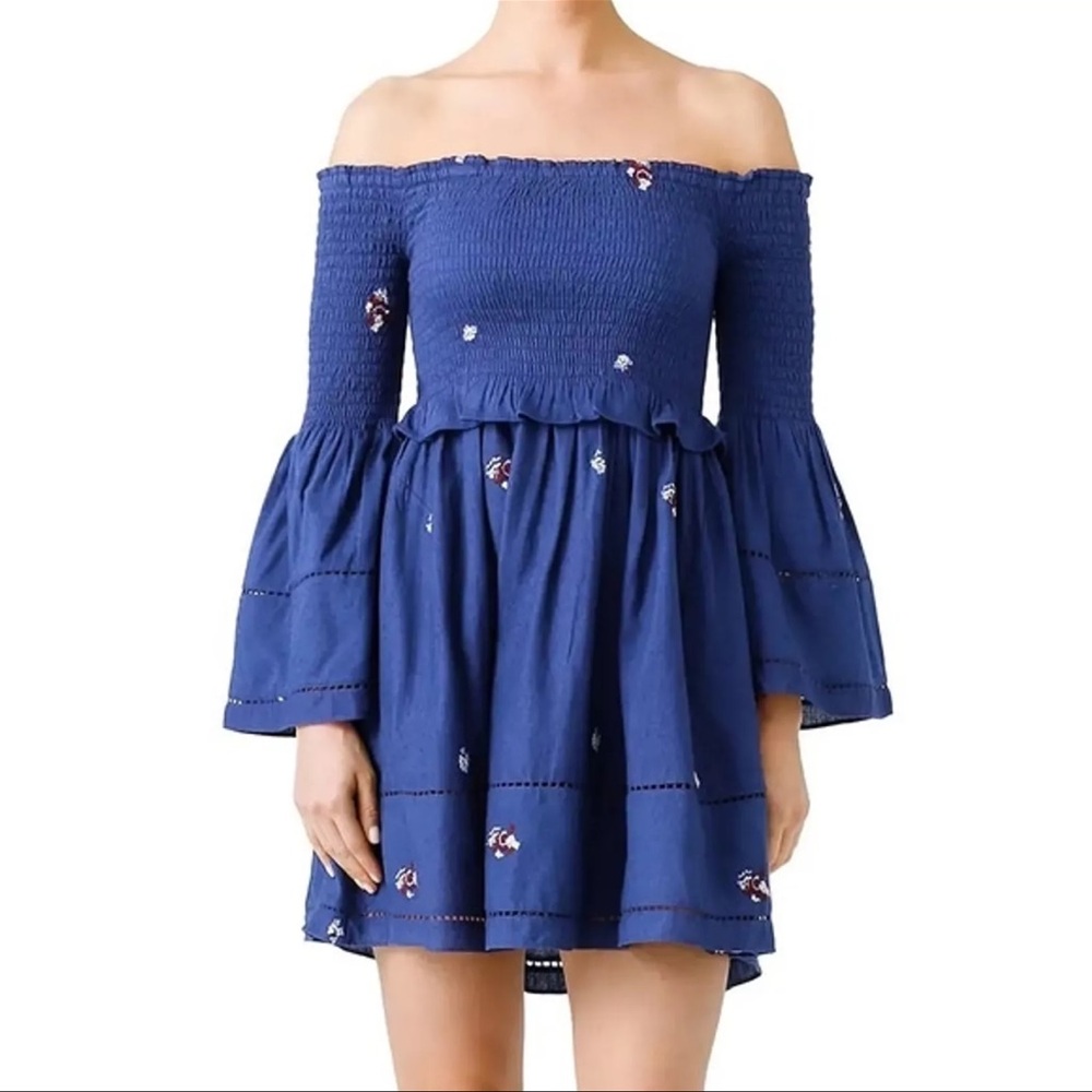 Free‎ People Counting Daisies Navy Floral Embroidered Off Shoulder Dress Size S